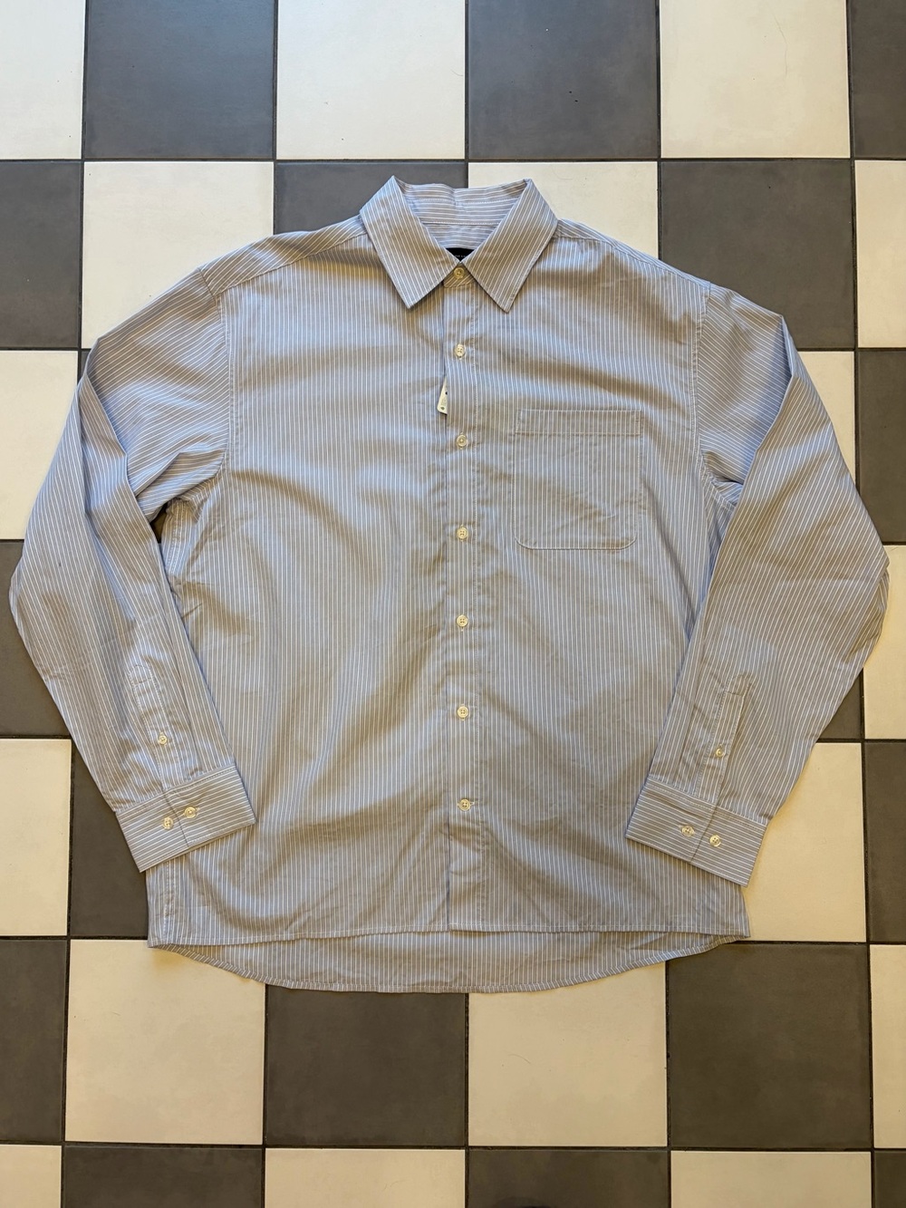Simons Men's Taupe and White Pinstripe Relaxed/Oversized Dress Shirt